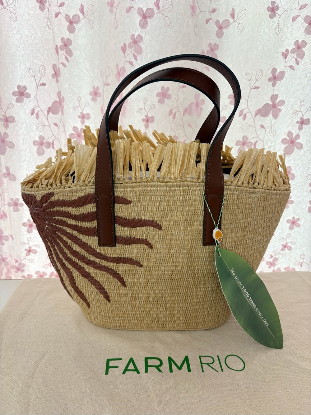 Farm Rio Small Fringed Leather Trimmed Raffia Tote Bag